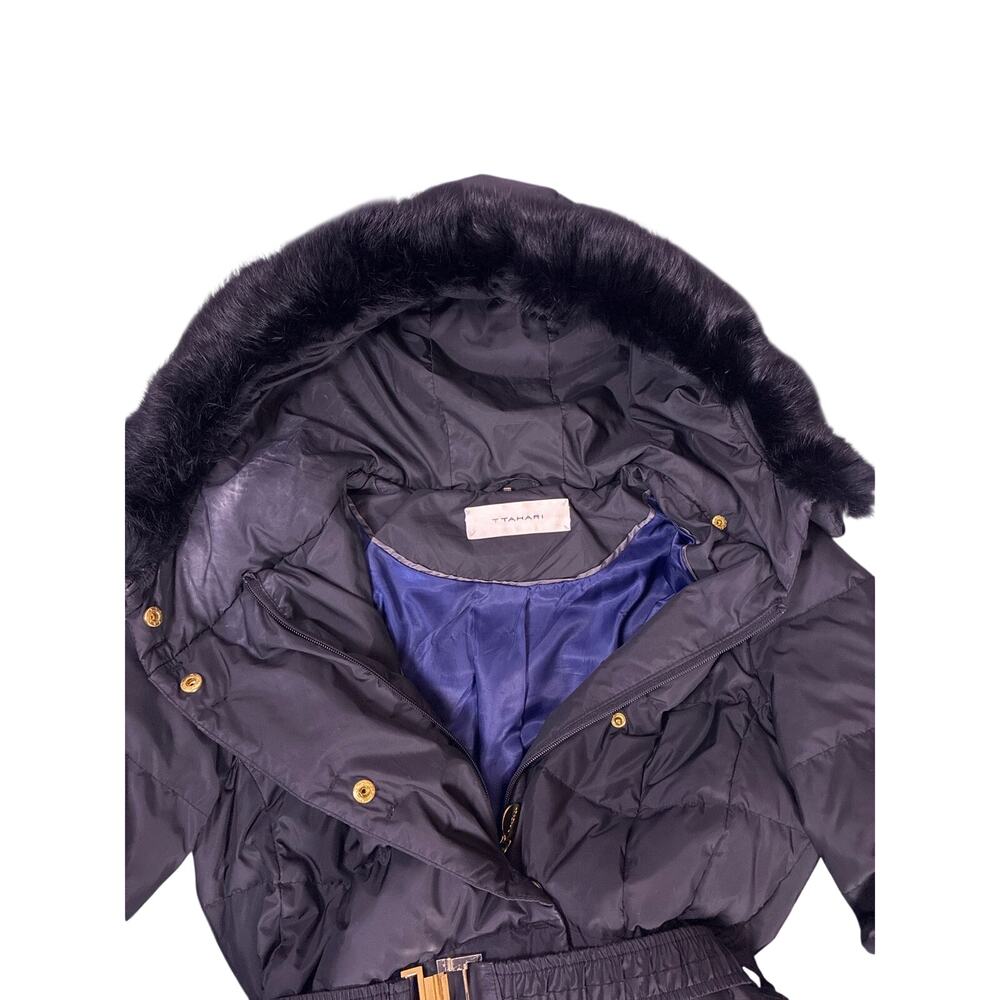 T Tahari Down Puffer Coat Womens Large Black Belted Rabbit Fur Trim Hood Sleeves - Picture 4 of 7